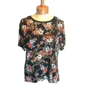 Laila Ali soft and stretchy floral gold chain short sleeve top size large NWT